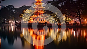 Night view of the Chinese pagoda at the lake in Hangzhou, China, Tran Quoc pagoda in Ha Noi capital of Vietnam, AI Generated