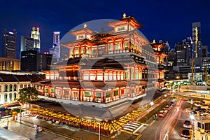 Night View of a Chinese Temple in Singapore Chinatown photo