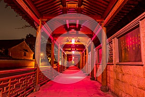 Night view of Chinese traditional corridor of Putuoshan mountains, Zhoushan Islands,  a renowned site in Chinese bodhimanda of