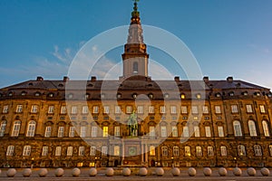Night view of the Christiansborg Slot Palace in Copenhagen, Denm
