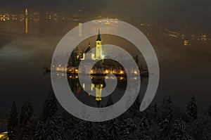 Night view of the Church of the Assumption in the island of the Lake of Bled