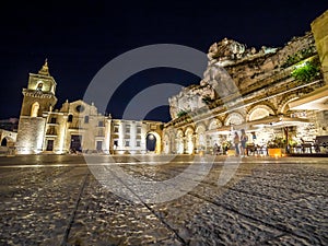 Night view of church of San Pietro Caveoso, Sassi di Matera, his