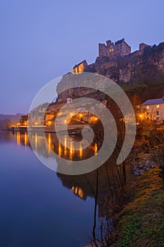 Night view of the ChÃÂ¢teau de Beynac Beynac Castle, which is a castle situated in the commune of Beynac-et-Cazenac, in the Dordog