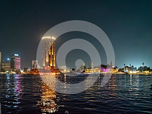 Night view of the city of Cairo form a boat on the Nile River , Egypt
