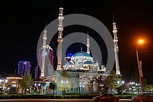 Night view of the city of Grozny. Mosque with minarets.