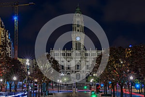 Night view of the City hall with light trails on Avenida dos Aliados in in Porto, Portugal photo