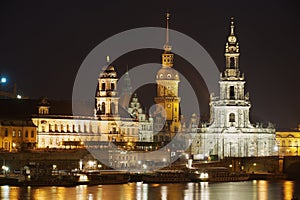 Night view of the city with royal palace buildings and reflections in the Elbe river in Dresden, Germany.