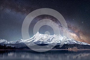 Night view of a clear river, snowy mountains and a starry sky in the background