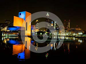 Night view of Cleveland Ohio skyline.