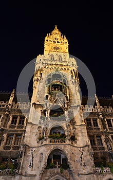 night view of the clock tower of the New Town Hall in Munich in