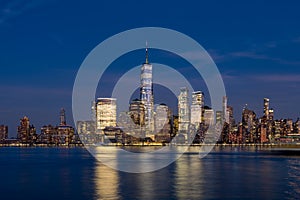 Night view of  Clouds Moving Over Buildings in Lower Manhattan Financial District Hudson River