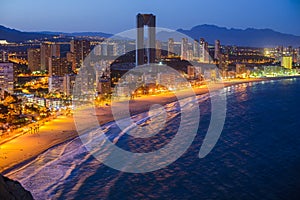 Night view of the coastline in Benidorm with city lights