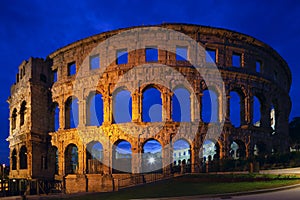 night view of Coliseum in Pula, Croatia