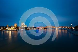 Night View Of Cologne Cathedral And Hohenzollern Bridge, Germany