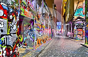 Night view of colorful graffiti artwork in Melbourne