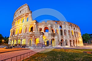 Night view of the Colosseum or Coliseum, the Flavian Amphitheatre, Rome, Italy