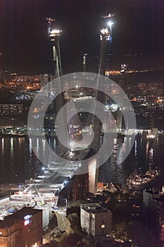 Night view of construction of big guyed bridge