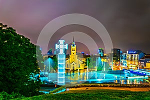 Night view of the Cross of liberty on the freedom square in Tallin, Estonia....IMAGE