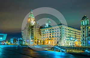 Night view of the Cunard building and the royal liver building in Liverpool, England