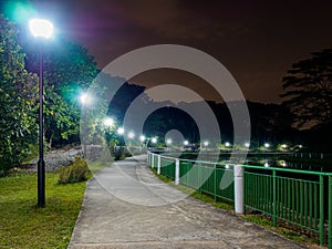 Night view of a curved pathway in Springleaf Nature Park in tropical Singapore.