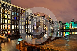 Night view of Damrak, Amsterdam