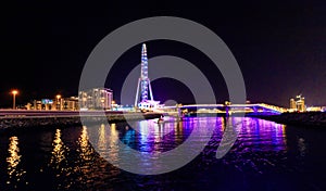 Night view of the decoratively illuminated Ferris wheel - The Dubai Eye - located on thef Dubai Marina in Dubai city, United Arab