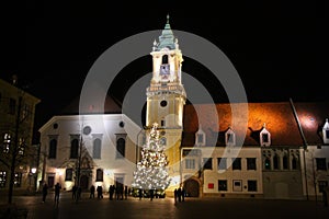 Night view of a desert Christmas square in Bratislava