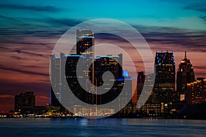 Night view of Detroit, MI downtown from the river