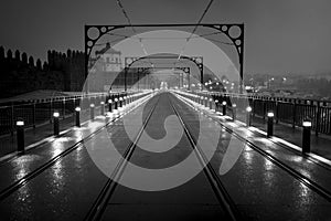 Night view of the Dom Luis I Bridge, Porto, Portugal.