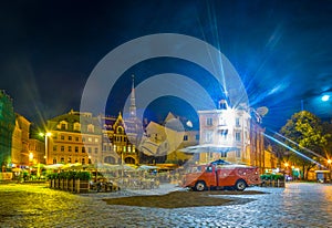 Night view of the Doma Laukums square full of restaurants in the Latvian capital Riga....IMAGE photo