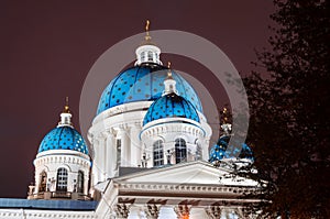 Night view domes with stars of the Troitsky Cathedral in Saint-Petersburg.