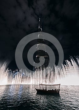 Night view of the Dubai Fountain and Burj Khalifa, the tallest building in the world.