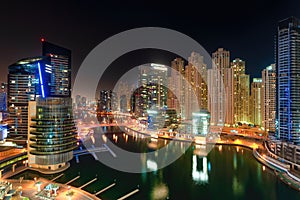 Night view of Dubai Marina skyscrapers in Dubai, UAE