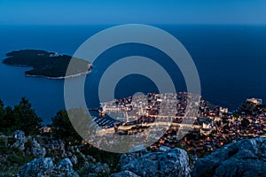 Night view of Dubrovnik old town and Lokrum island, Croatia