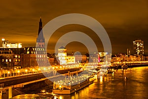 Night view of Dusseldorf by the Rhine, Germany; Saint Lambertus Catholic Church