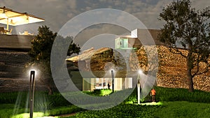 Night view of a Eco resort. Dream homes. Architecture and landscape. Modern homes and lodges