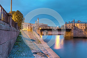 Night view on embankment of Griboedov Canal and Krasnogvardeysky Bridge