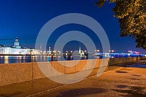 Night view of the embankment of the Neva River in the city of St. Petersburg.