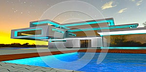 Night view of the entry to the contemporary property. Turquoise exterior illumination. 3d rendering