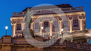 Night view of equestrian statue of Archduke Albert in front of the Albertina Museum day to night timelapse in Vienna photo