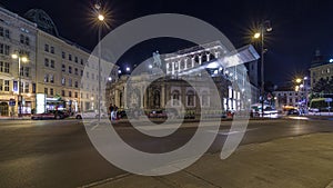 Night view of equestrian statue of Archduke Albert in front of the Albertina Museum timelapse hyperlapse in Vienna