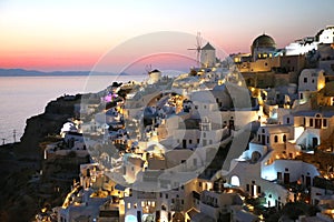 Night view of fabulous picturesque village of Oia in Santorini island, Greece.