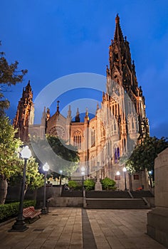 Night view of the facade of the church of Arucas in Gran Canaria, Spain