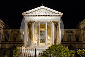 Night view of the facade of the Court of Appeal of Montpellier, built in 1833