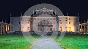 Night view of the facade of Villa Manin