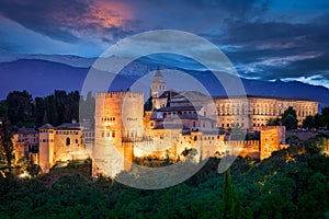 Night View of Famous Alhambra, European travel landmark