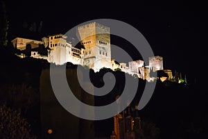 Night view of the famous Alhambra palace in Granada from Albaicin quarter,