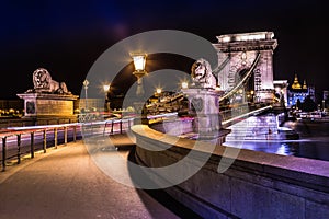 Night view of the famous Chain Bridge in Budapest, Hungary. The Hungarian name of the 203 meters long bridge is Lanchid or