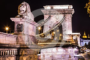 Night view of the famous Chain Bridge in Budapest, Hungary. The Hungarian name of the 203 meters long bridge is Lanchid or