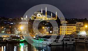 Night view of Fatih district with marina and Suleymaniye Mosque, Istanbul